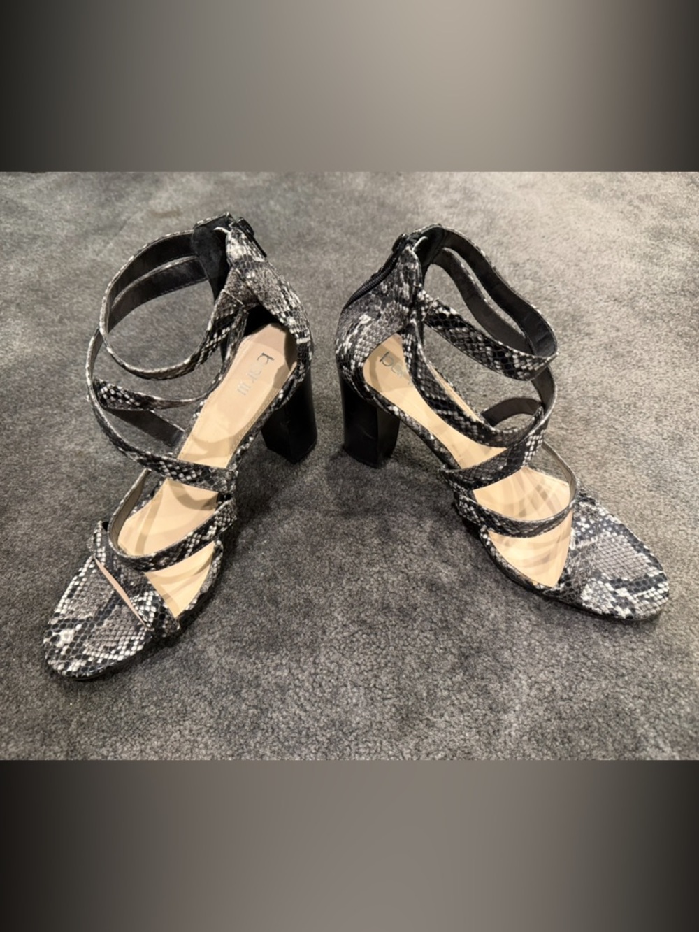 Bar III Black and Gray Snake-Print Strappy Block Heels